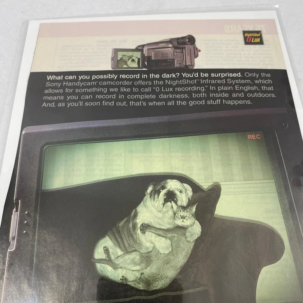 Vtg Print Ad 90's Sony Camcorder Cat Dog Genuine Magazine Advertisement Ephemera